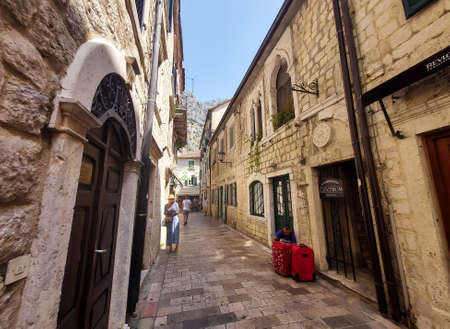 Kotor, Montenegro - August 17 2021: street of medieval walled old city, history Center of Kotorのeditorial素材