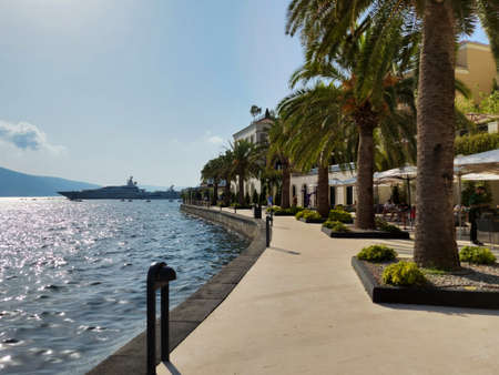 Porto Montenegro, Tivat, Montenegro - August 17 2021: promenade street on seafront of the famous portのeditorial素材