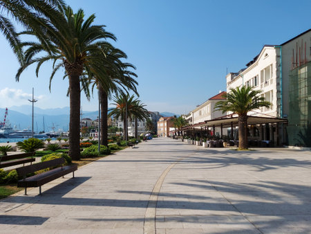 Porto Montenegro, Tivat, Montenegro - August 17 2021: promenade street on seafront of the famous portのeditorial素材