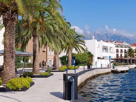 Porto Montenegro, Tivat, Montenegro - August 17 2021: promenade street on seafront of the famous portのeditorial素材
