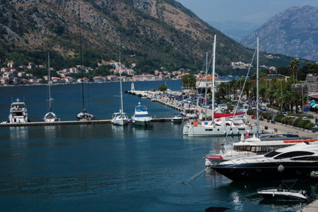 Kotor, Montenegro - August 17 2021: pier with boats and ships in the Bay of Kotor, Adriatic seaのeditorial素材