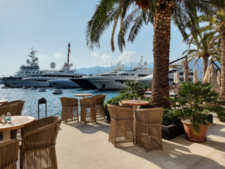 promenade street on seafront of Porto Montenegro, the famous port in the city of Tivat, the capital of Montenegro, Europeの写真素材