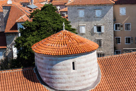 Panoramic cityscape of The Old Town of Budva, Montenegro, beautiful top view of Adriatic Sea and the Balkan Mountainsの写真素材