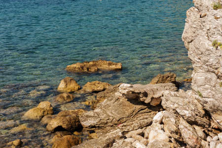 budva coast montenegro, adriatic sea and mountainsの写真素材