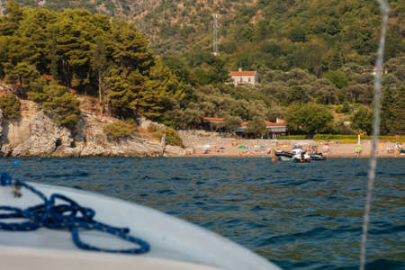 Beautiful landscape, sea trip in motor boat along the Adriatic coast near Budva, Montenegro, Europeの写真素材