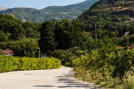 path in the park near island Sveti-Stefan, Budva in Montenegro, Europe, Adriatic Sea and mountainsの写真素材
