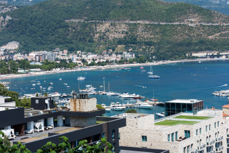 Panoramic cityscape of The Old Town of Budva, Montenegro, beautiful top view of Adriatic Sea and the Balkan Mountainsの写真素材