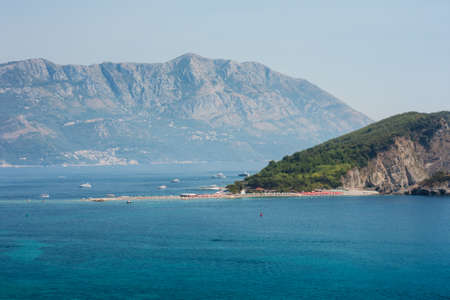 Hawaii beach, seafront view at St. Nicholas Island in Adriatic Sea near town Budva, Montenegro, Europeの写真素材