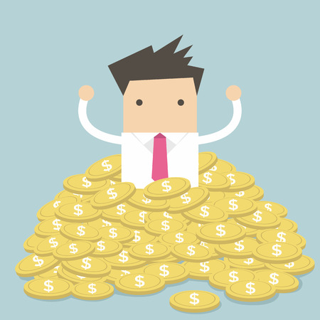 Businessman sitting in a pile of gold coins vectorのイラスト素材