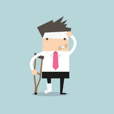 Businessman injured standing with crutches and showing cast on a broken leg for health insurance or rehabilitation concept designのイラスト素材