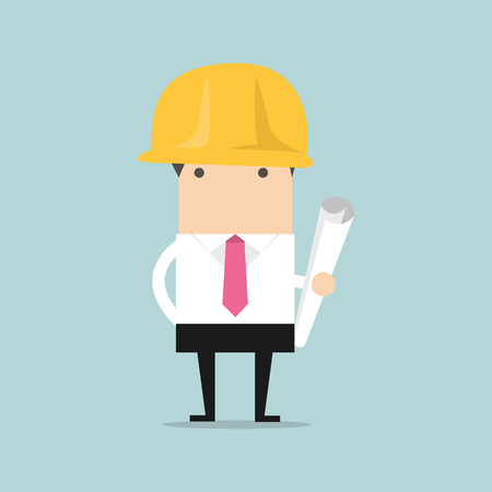 Architect or engineer in yellow safety helmet with building project blueprints rolls for investor presentation on construction industry concept designのイラスト素材