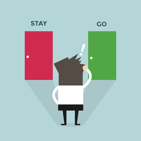 Businessman decision in front of two doors stay or goのイラスト素材