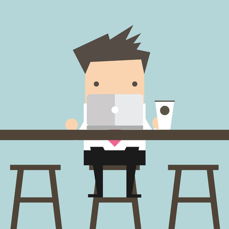 Businessman working on laptop at coffee barのイラスト素材