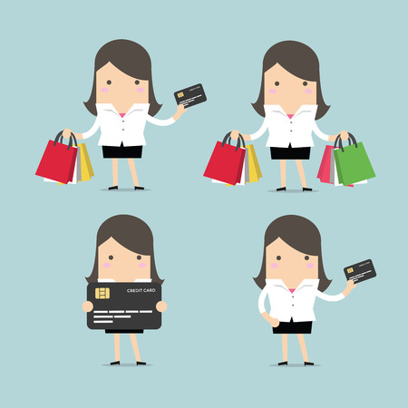 Set of businesswoman with credit card and shopping bagsのイラスト素材
