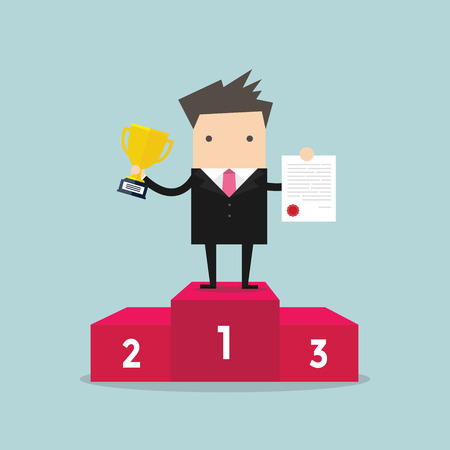 Businessman proudly standing on the winning podium holding up winning trophy and showing an award certificate. vectorのイラスト素材