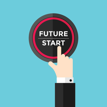 Hand pushing future and start button. Flat style. vector