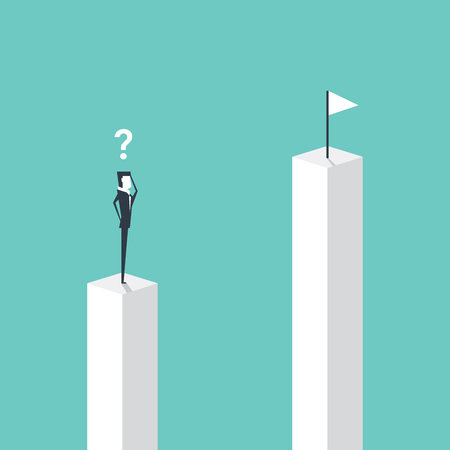 Businessman standing on pillar and looking to target on higher pillar, business vision concept cartoon vector illustration.のイラスト素材