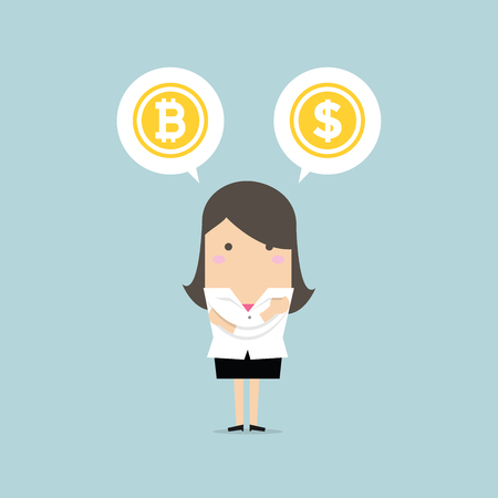 Businesswoman with Bitcoin or dollar choice. vectorのイラスト素材