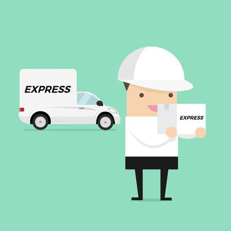 Delivery man in white uniform carrying box with car in backgroundのイラスト素材