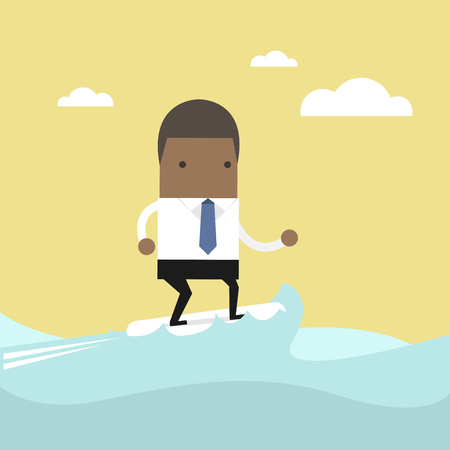 African businessman surfing on the wave. Vector illustration.のイラスト素材