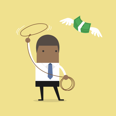 African businessman chasing flying money by rope, Financial concept. vectorのイラスト素材