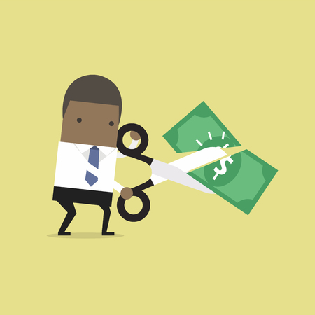African businessman hands holding scissors and cutting dollar.のイラスト素材