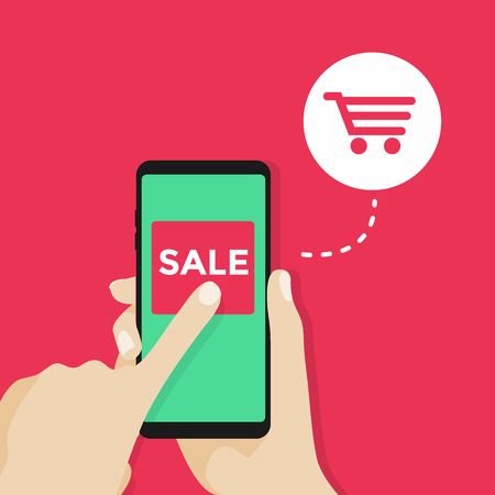 Hand and mobile phone with sale button.のイラスト素材