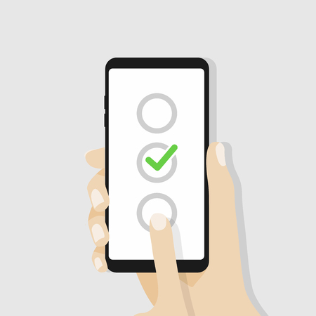 Check boxes on smartphone screen. Hand hold smartphone, finger touch screen. Vector illustration.のイラスト素材