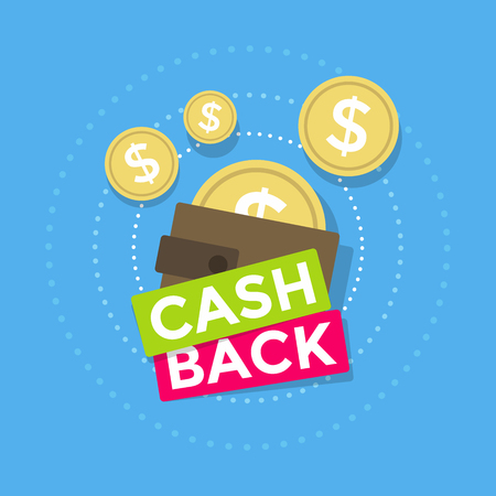 Brown wallet icon cash back, Cash back icon with coins and wallet isolated on blue background.のイラスト素材