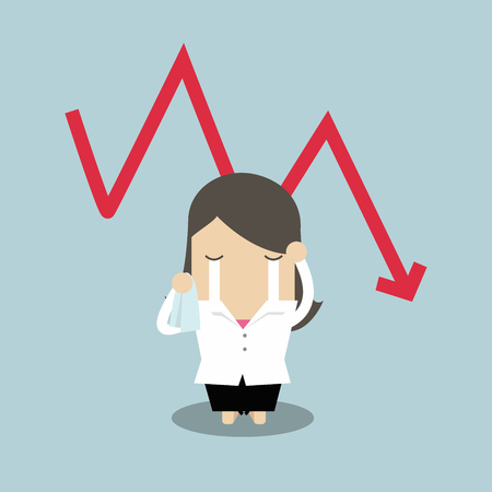 Sad businesswoman crying with falling down red arrow graph financial crisisのイラスト素材