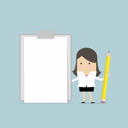 Businesswoman holding clipboard with blank white paper.のイラスト素材