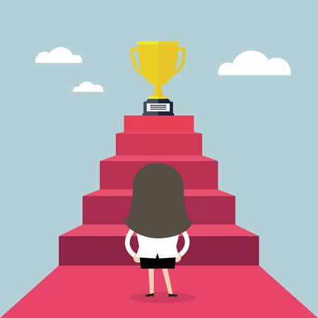 Businesswoman standing in front of a stair that leads the trophy, Shortcut to success, vectorのイラスト素材