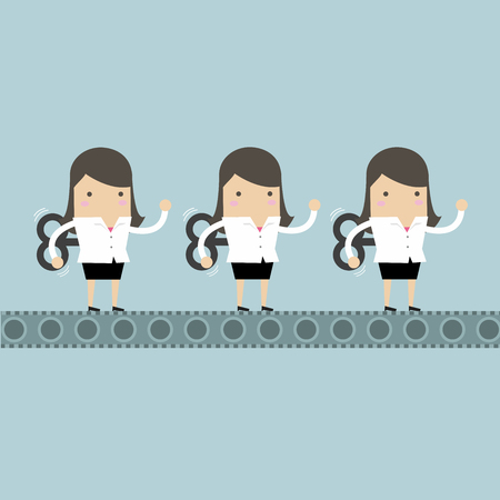 Conveyor produces similar businesswoman robot mechanical workers.のイラスト素材