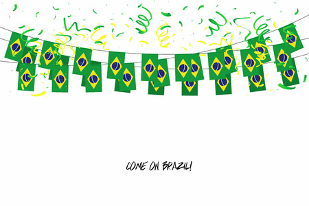 Brazil flags garland with confetti on white background, Hang bunting for Brazil celebration template banner. vectorのイラスト素材