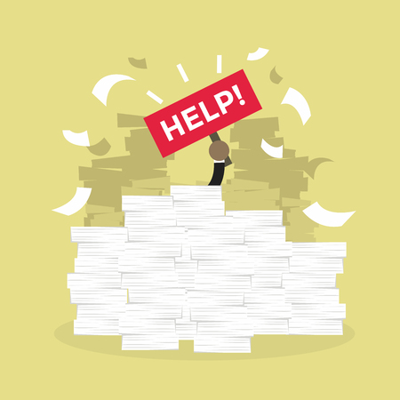 Overworked African businessman under a lot of documents and holding a HELP placard.のイラスト素材