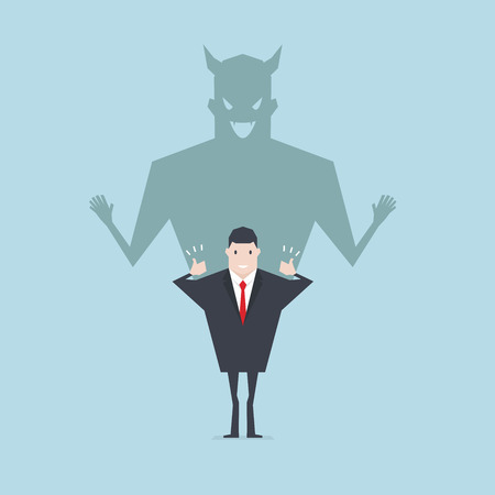 Devil shadow behind a smiling face of businessman.のイラスト素材
