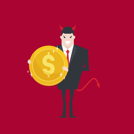 Devil businessman holding golden coin in hand.のイラスト素材