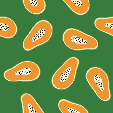 Hand drawn seamless patten with papayas on green background.のイラスト素材