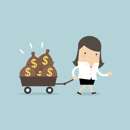 Businesswoman walking with a trolley full of money bags.のイラスト素材