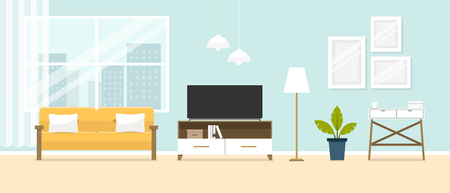 Interior of the living room. Design of a cozy room with sofa, TV stand, window and decor accessories.のイラスト素材