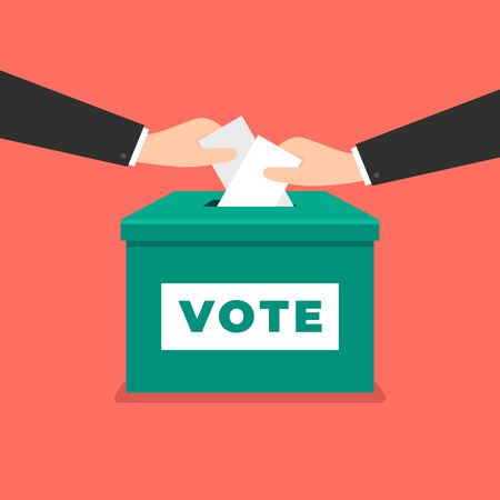 Businessman hand putting voting paper in the ballot box. Voting concept in flat style.のイラスト素材