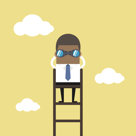 African businessman on a ladder using binoculars above cloud.のイラスト素材