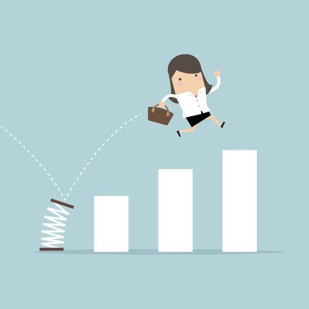 Busineswoman jump spring across the growing bar chart. Growth for business concept.のイラスト素材