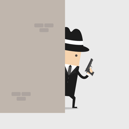 Detective holding a gun behind the wall.のイラスト素材