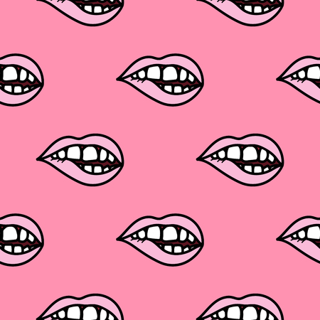 Pink lips biting doodle seamless pattern background.のイラスト素材