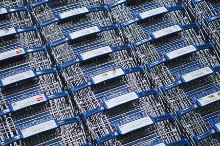 Nonthaburi, Thailand - September 11, 2018 : IKEA shopping carts lined up in rows in trolleys area of...