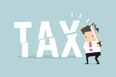 Businessman cut tax with sword. Business concept of reducing and lowering taxes.のイラスト素材