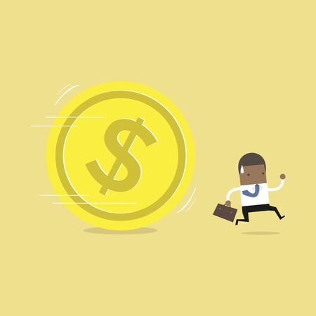 African businessman running away from huge golden dollar coin.のイラスト素材