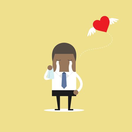 African businessman crying broken heart with heart flying away.のイラスト素材