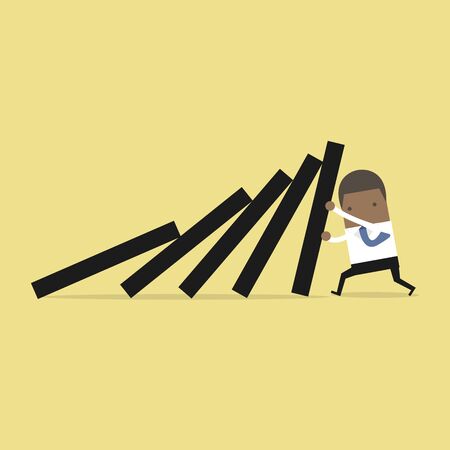 African businessman pushing hard against falling deck of domino tiles.のイラスト素材